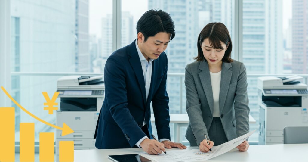 オフィスでの複合機コスト削減に取り組むビジネスパーソン|TCO削減
