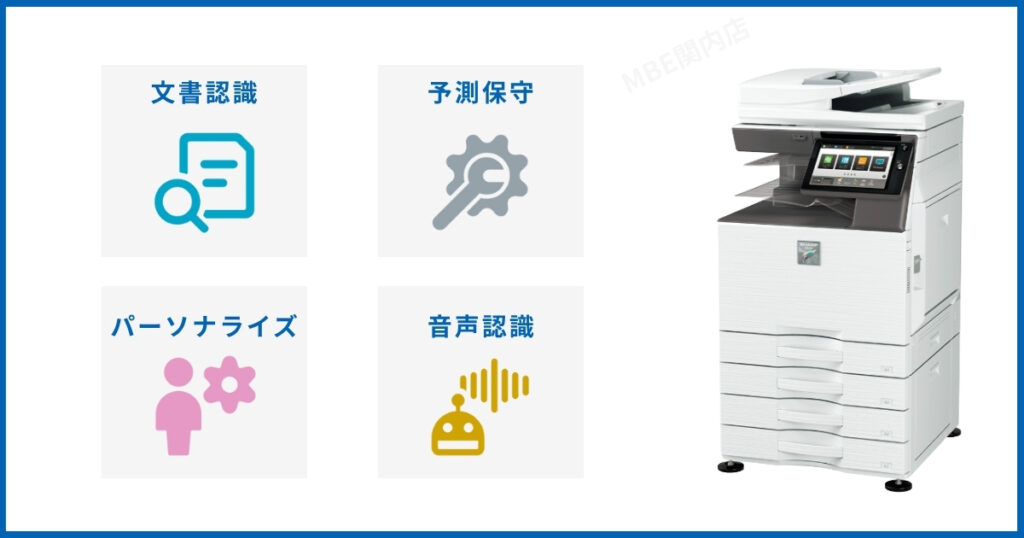 AI搭載複合機の文字認識(OCR)・予測保守・音声コマンド機能のイメージ図
