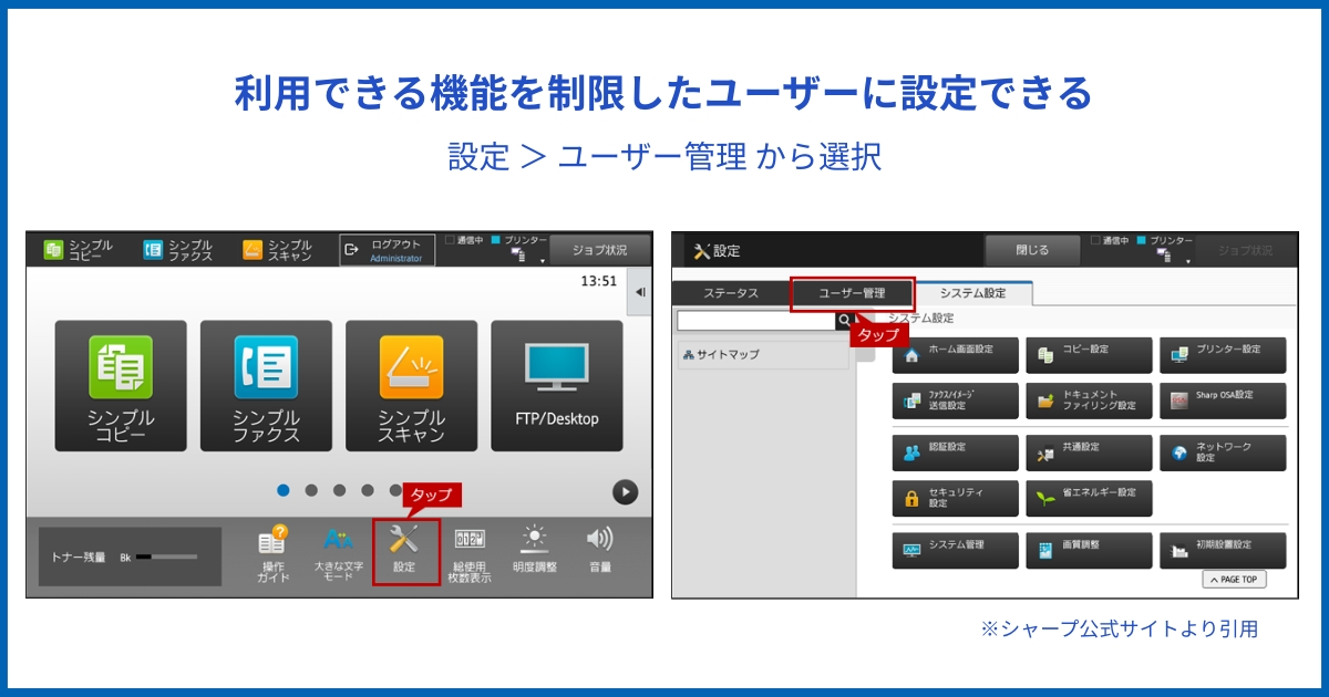 コピー機のセキュリティ機能設定画面とノズルチェック診断結果の表示例